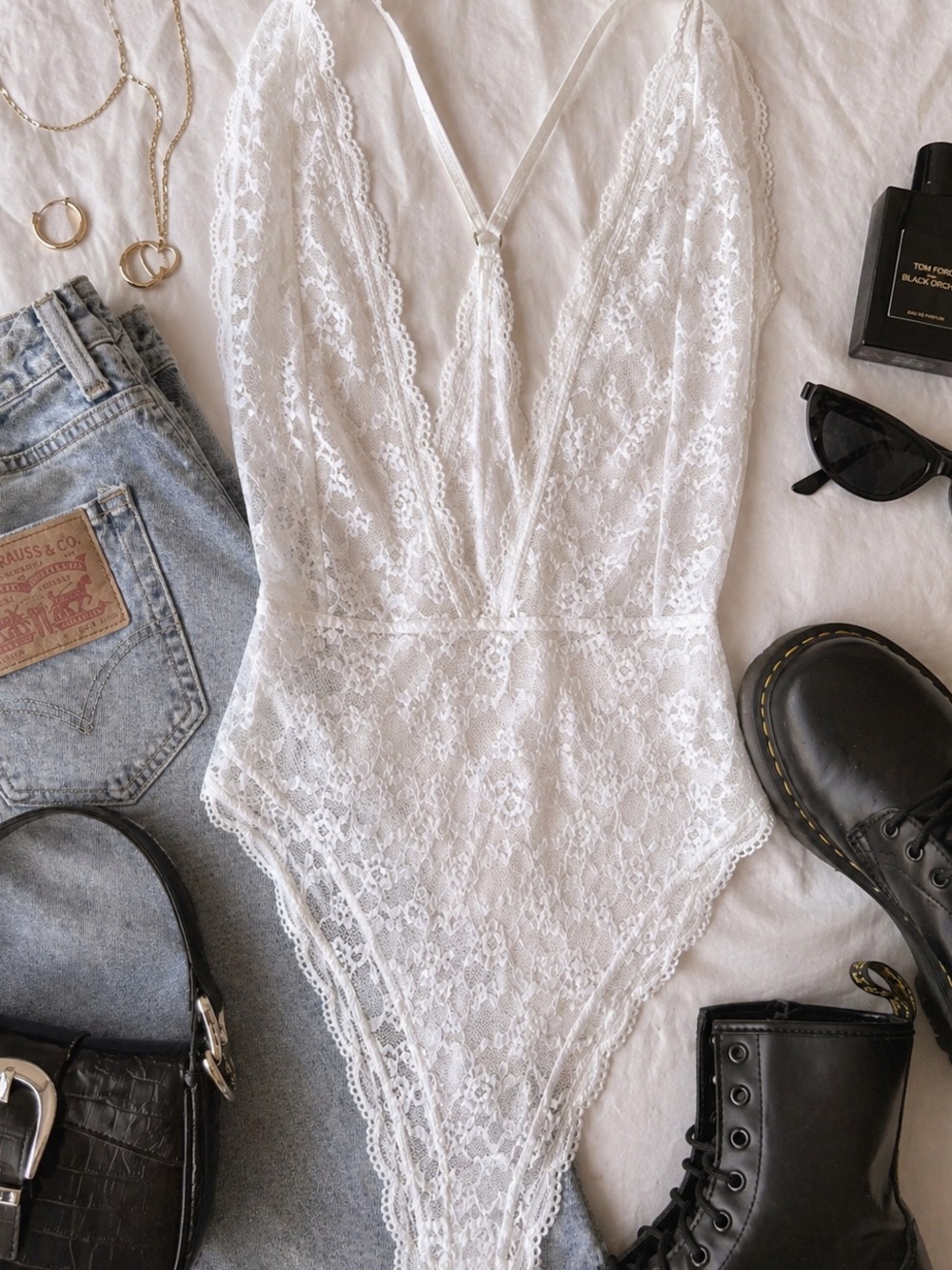 Victoria's Secret White Lace Teddy Bodysuit Sheer Plunge Open Back L
